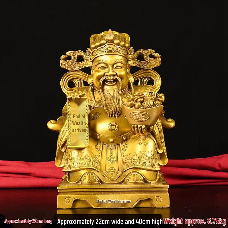 Large Yellow Brass God of Wealth Statue on Dragon Chair, Wen Cai Shen Design, Ideal for Shop Opening or Home Worship.