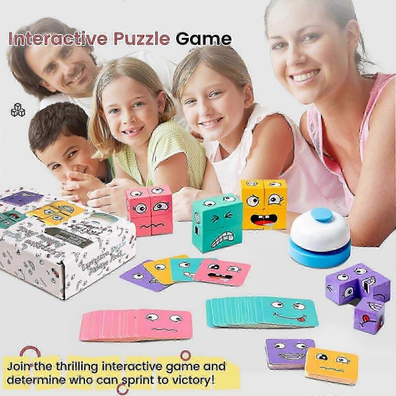 Zauberwürfel-Spiel mit 16 Gesichtern aus Holz, Puzzle-Spiel, Emoji-Spiel, Zuordnungsspiel mit Box, 3D-Puzzle-Zauberwürfel mit wechselnden Gesichtern