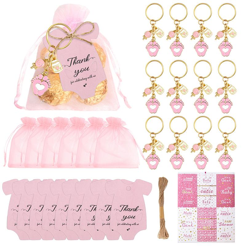 12 Sets Baby Shower Favors For Girl Boy Footprint Keychains Gifts With Bottle Lollipop Organza Bags And Thank You Tags