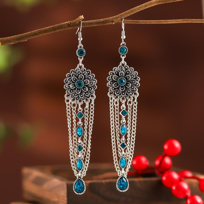 Vintage Exaggerated Long Crystal Tassel Earrings for Women Ethnic Multilayer Rhinestone Silver Color Geometric Earrings Jewelry
