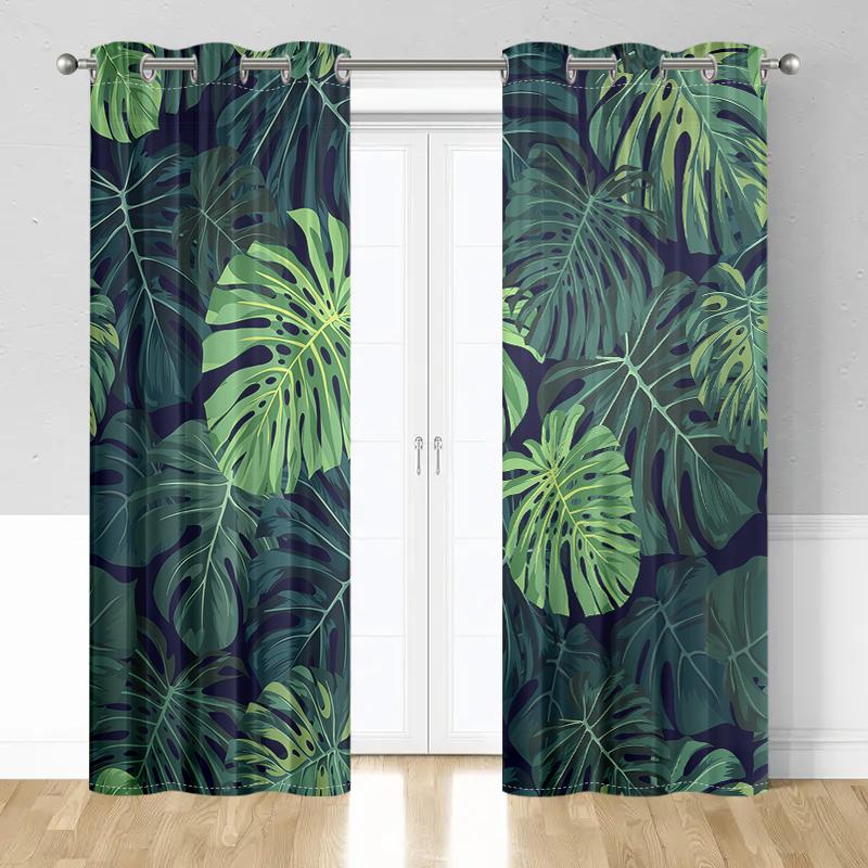 2 Pieces, Tropical Palm Leaf Green Curtains - Semi Transparent - Suitable For Living Room, Bedroom, Office Home Decoration.
