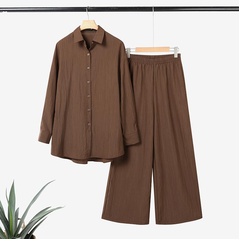 

ZANZEA Женская блузка с длинным рукавом и брюки повседневный комплект из двух частей M светло-коричневого