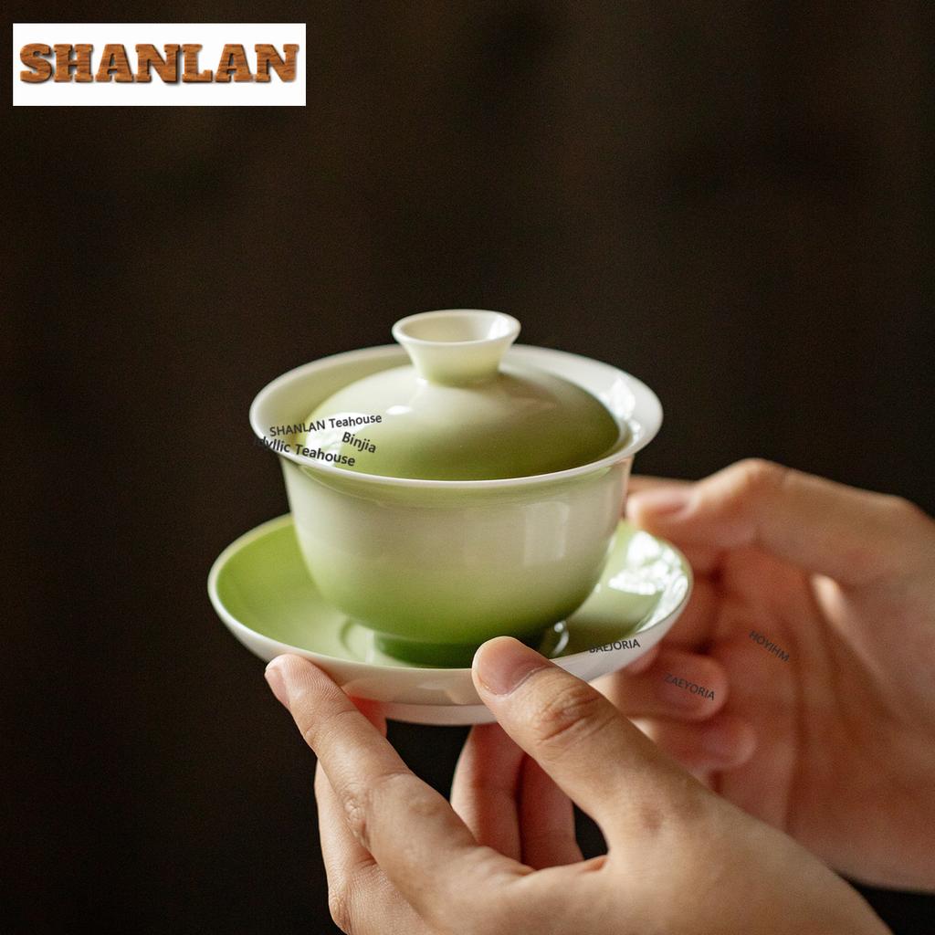 100ml Gradient Green Gaiwan Boutique Not Hot Tea Tureen Household Tea Bowl With Lid Kit Tea Maker Cover Bowl Tableware Gifts