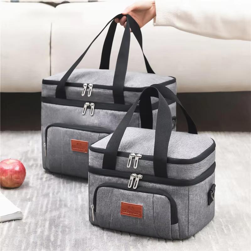 New Large Size Lunch Bags Double Layers Tote Cooler Storage Bags Large Capacity Travel Picnic Lunch Box with Shoulder Strap