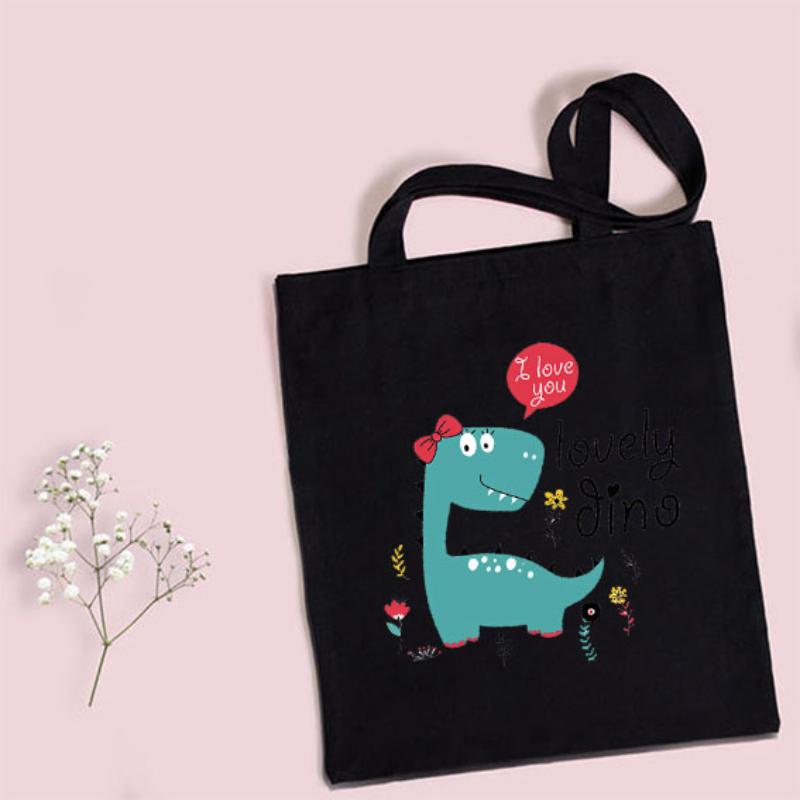Холщовая сумка-тоут Аниме Динозавр сумки для покупок Черный Большая вместимость Сумки Женская Винтажная эстетика Студенческая сумка-тоут Шопперы 24*26cm