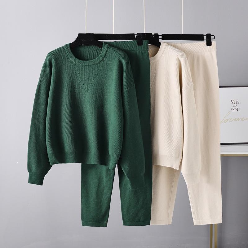 Autumn and Winter Large Size Fashion New Loose Casual Sweater Two-piece Set Solid Color Knitted Suit Female Trend