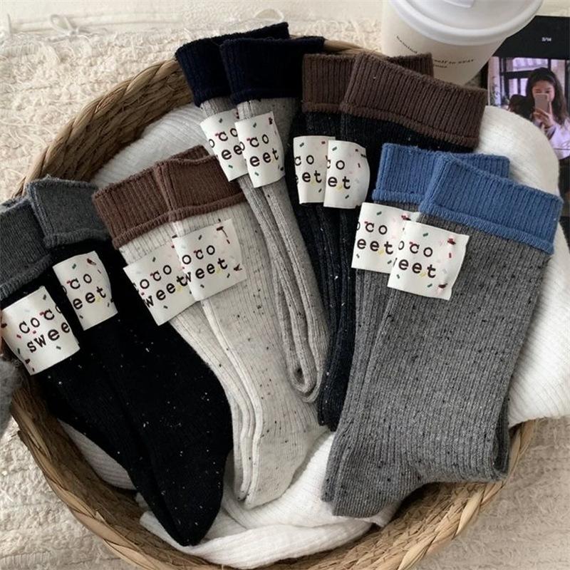 European Color-Blocked Heel Cloth Label Socks, Women'S Idea Yarn, Coarse Needle Socks, Personality Trendy Socks, Pile Socks
