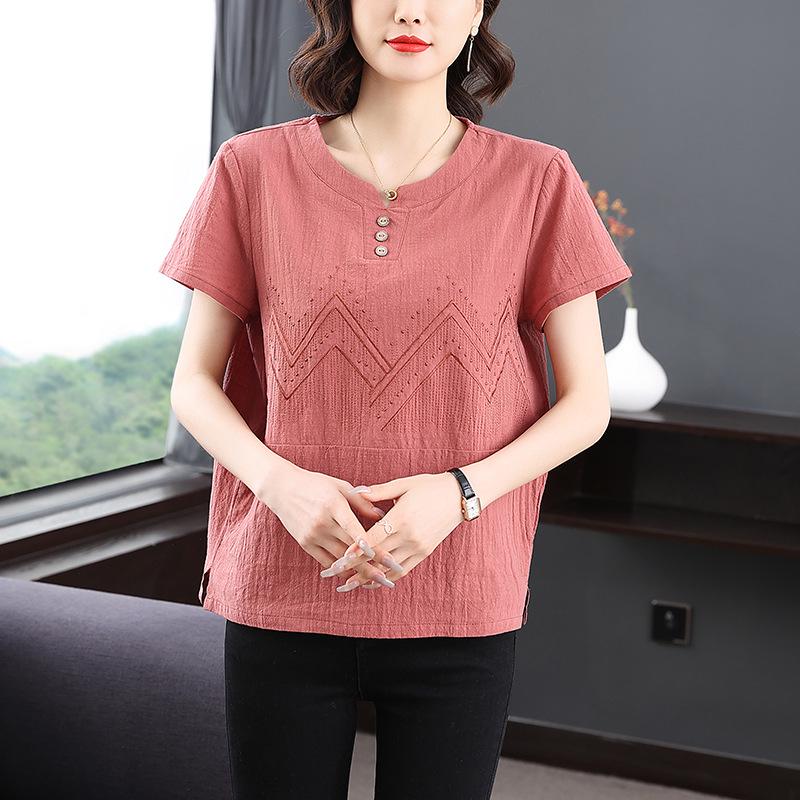 

Женская футболка лета 2023 года с коротким рукавом и V-образным вырезом для модных мам среднего возраста 3XL темно-розовый