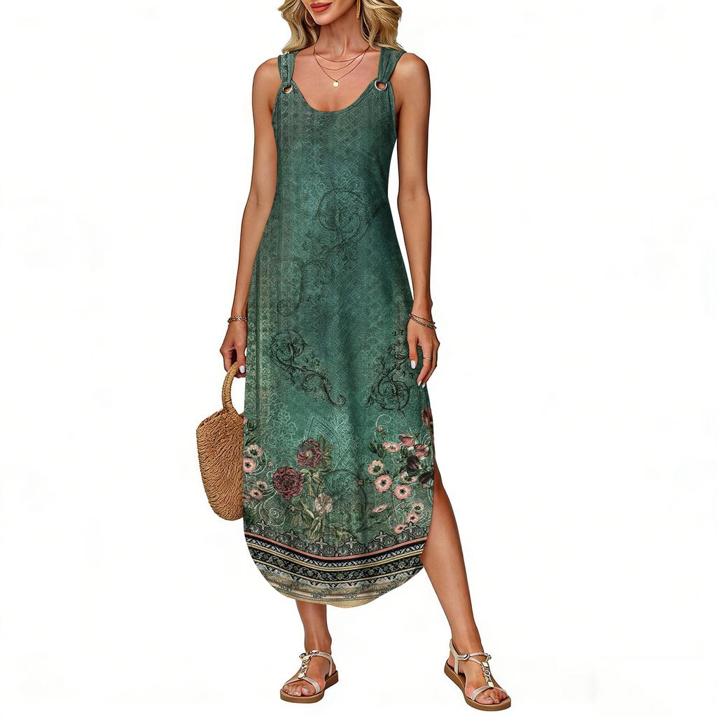 Women's summer long dress, sleeveless with side slits, long retro printed camisole dress