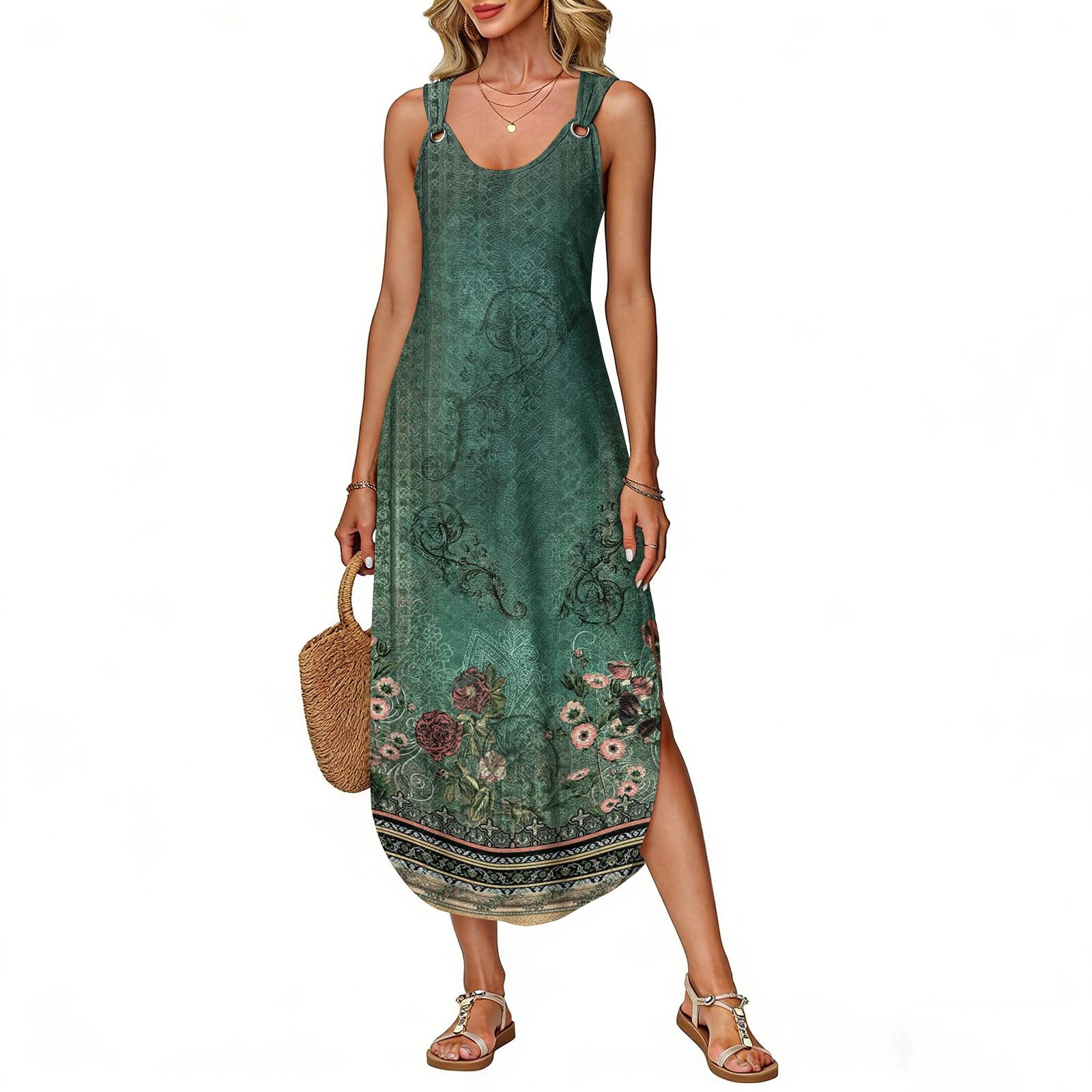 

Women s summer long dress, sleeveless with side slits, long retro printed camisole dress XXL зелений