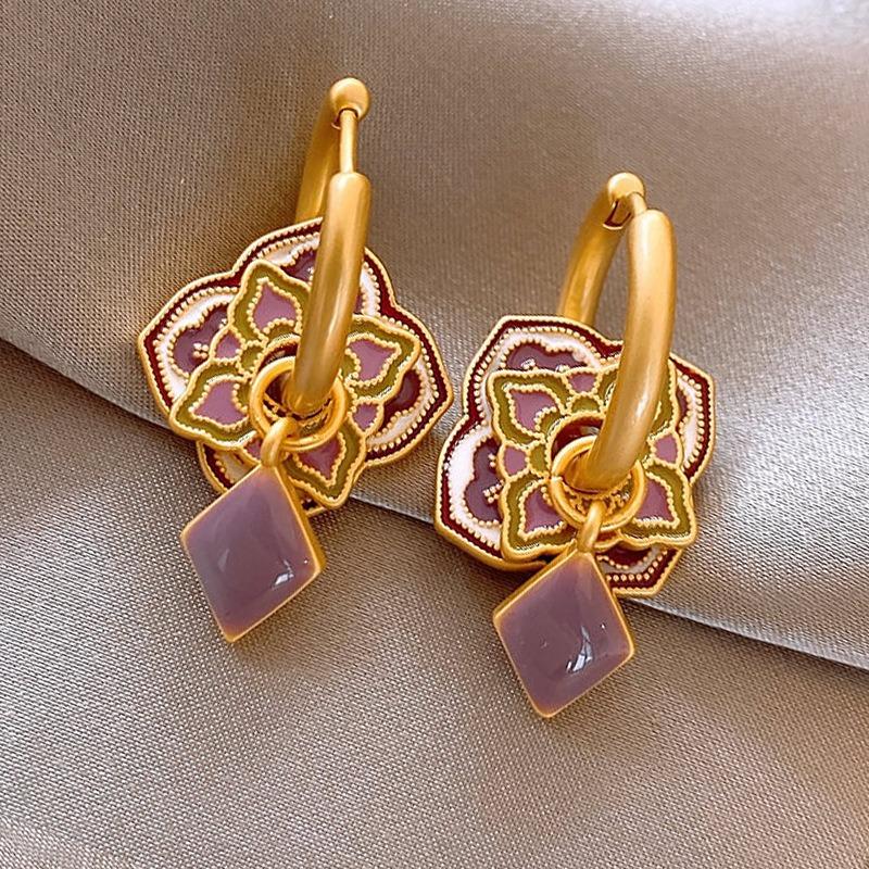 French Court Style Colored Enamel Glaze Double-layer Flower Stud Earrings Retro Pearl Design Earrings Monet Garden Decoration