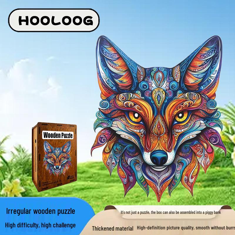 HOOLOOG Handmade Totem Fox Cross-Stitch Wooden Puzzle and Decorative Painting Gift