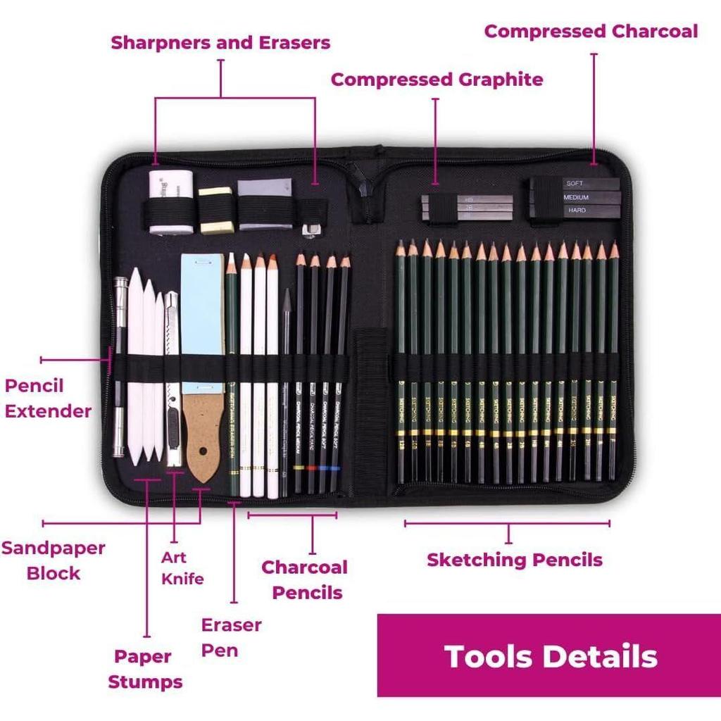 Sketching Set 42 Pieces for Drawing Pencils Sketching Kit for Artists Potrait Professional Graphite Hb Drawing Graphics Set for Sketches