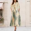 Women Plus Size Round Neck Keyhole 3 4 Sleeve Abstract Print Long Maxi Dress