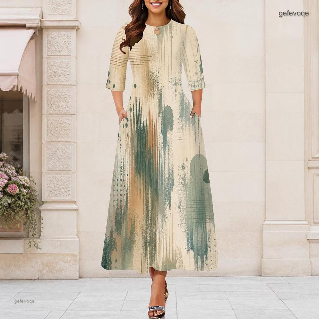 Women Plus Size Round Neck Keyhole 3 4 Sleeve Abstract Print Long Maxi Dress