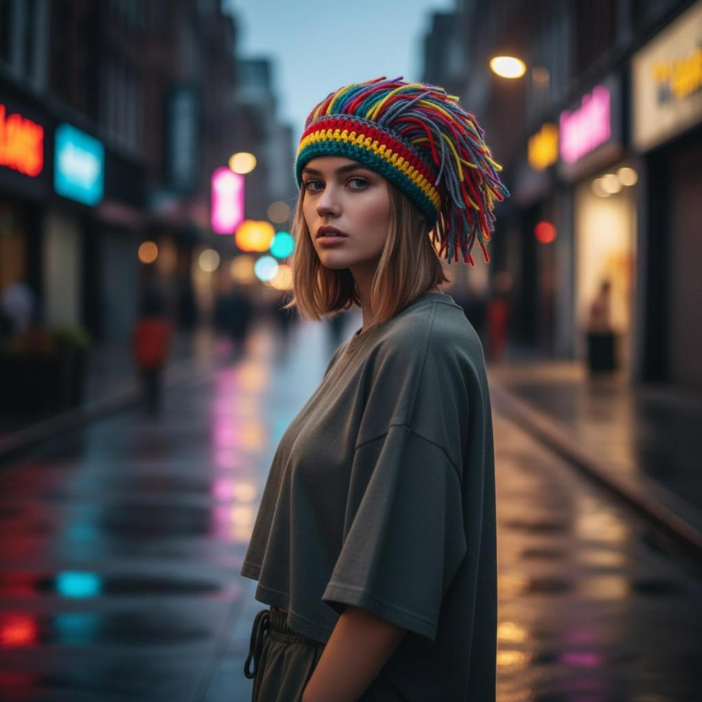 Knitted Beanie with Dangling Yarn Strands Full-Coverage Dread