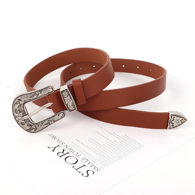 Pu Waistband Leather With Metal Pin Buckle And Carving Design Womens For