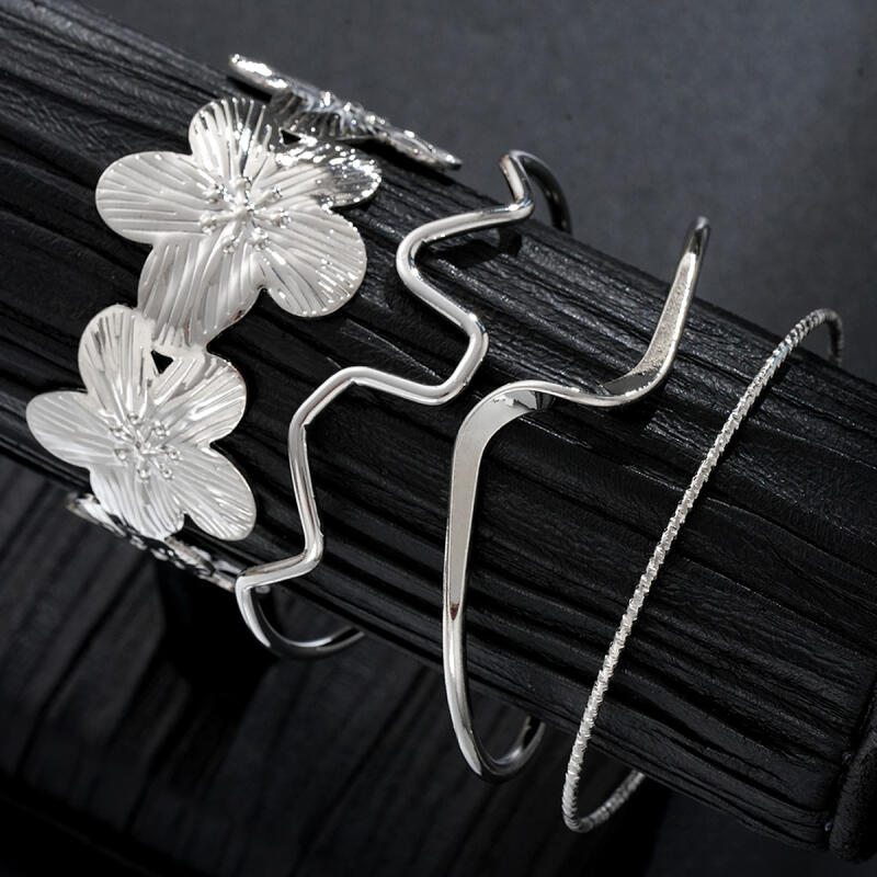 Conjunto de 4 Peças/Conjunto de Pulseiras Metálicas com Flores e Linhas em Relevo para Mulheres Senhoras Simplicidade Exagerada Conjunto de Pulseiras Acessórios de Joias para Férias