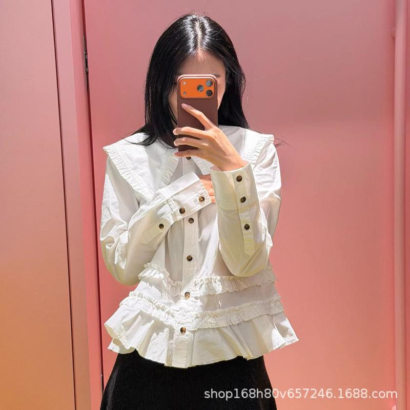 

Spring/Summer 2026 Women s Niche Design Shirt: Pure White Doll Collar with Ruffle Patchwork Hem - Girly Style Small чистый белый