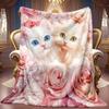 Pink Rose Cats Flannel Blanket Cute White Kittens Floral Fleece Blanket Soft Warm Cozy Throw Blankets For Girls Bed Bedroom