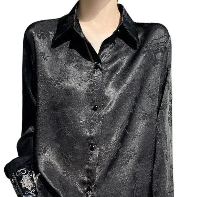 Women's New Jacquard Satin Shirt Lady's Long Sleeved Single Breasted Blouses Turn-down Collar Thin Fashion Versatile Top