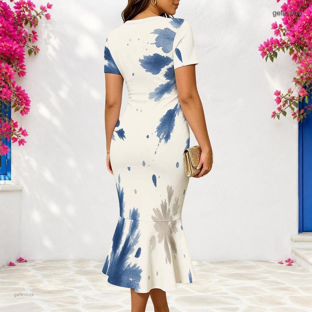 Women Plus Size V Neck Short Sleeve Leaf Printed Fitted Fishtail Dress