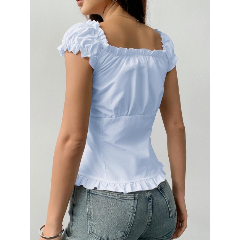 Summer Short Sleeved Rufffled Women Vest Sweet Slim Fit Blouse Solid Color Simple Pleated V Neck Shirts Fashion Elegant Women's Clothing
