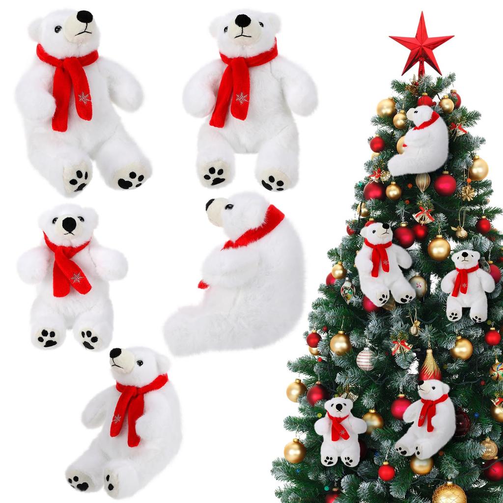 Christmas Polar Bear Plush Ornament White Fluffy Stuffed Animal Cute Winter Tree Decor for Holiday Xmas Party