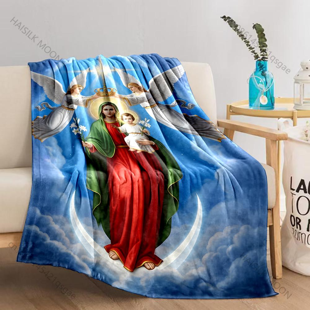 1PC Virgin Mary Crowned by Angels Print Believer Pray Blanket Warm Soft Flannel Material Suitable for All Seasons Luxurious Gift