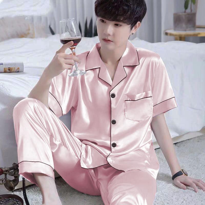 GMXIA Spring and Autumn Men's Pajamas, Long Sleeves and Long Pants, Thin Ice Silk, Teen Home Wear, Silk Set, Plus-size