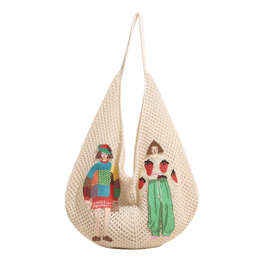 

Bohemian Style Knitted Tote Bag Hollow Out Crochet Beach Bag Simple Weave Shoulder Bag Summer белый