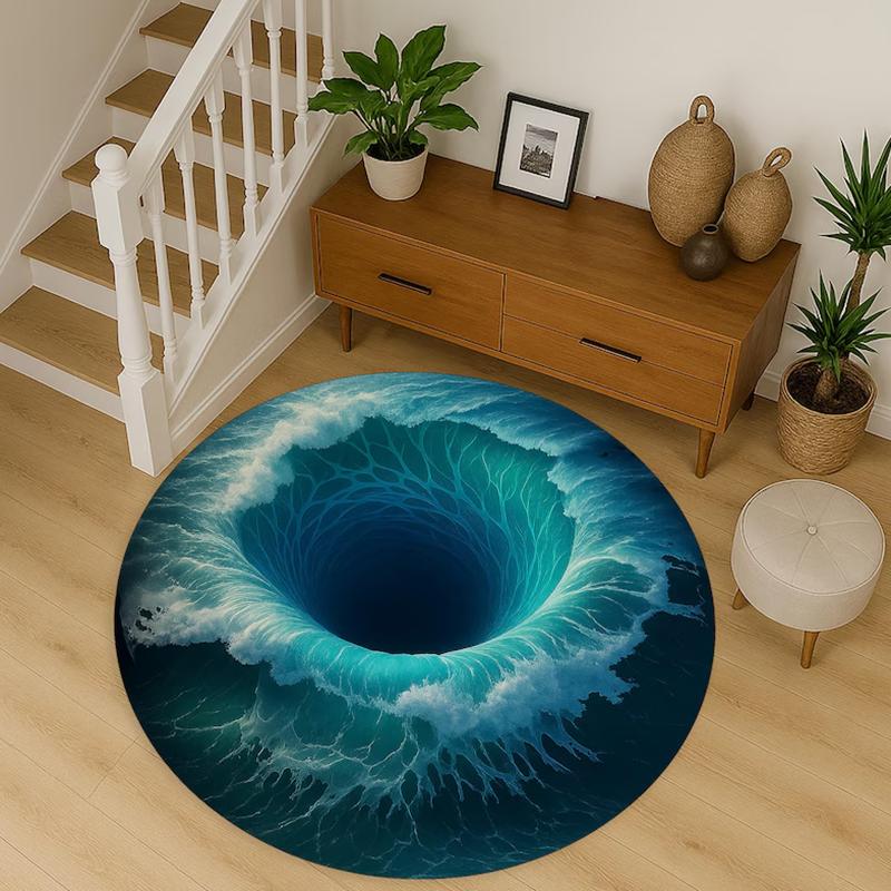 3D Visual Illusion Ocean Swirl Round Carpet Illusion Abyss Design Non-Slip Floormat Fun Home Decor Rug for Living Room Bedroom