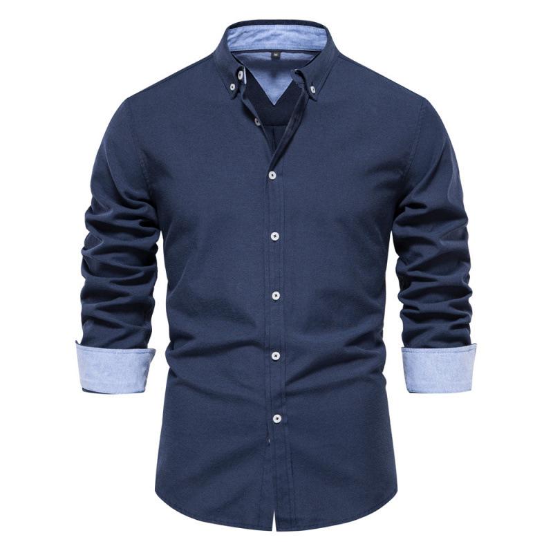 Men's Long Sleeve Button-Up Shirt, Cotton Blend Color Block Collared Shirt, Breathable Wrinkle-Free Casual Top