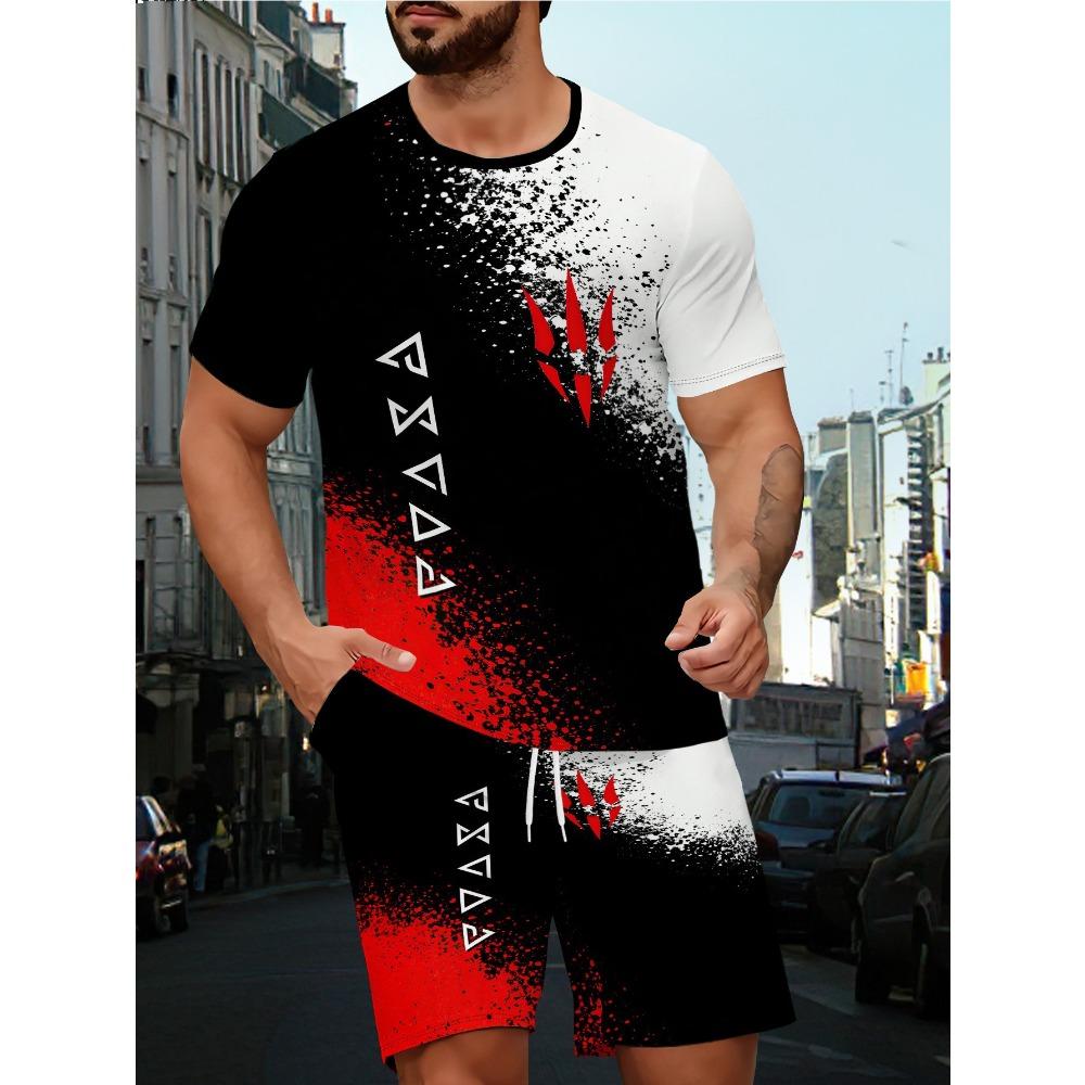 Summer Men s 3D Printed Casual Sports Loose Fashionable Comfortable Round Neck Short Sleeved Shorts Set Letter Pattern Sports Wear S