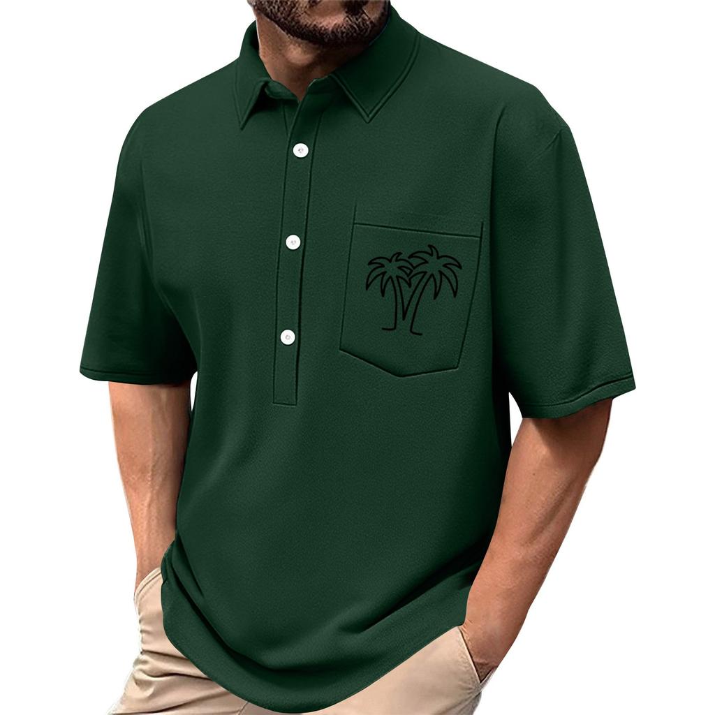 Men's Summer Solid Color Print Four-sided Stretch Lapel Button Pocket Shirt Casual Sports Short-sleeved Top