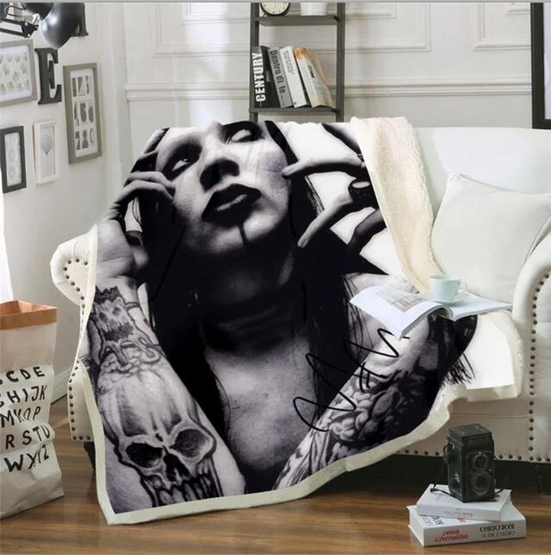 Singer Marilyn Manson 3D Sherpa Blanket Velvet Plush Throw Fleece Blanket Bedspread Couch Sofa Quilt Cover Travel Bedding 01 75X95CM