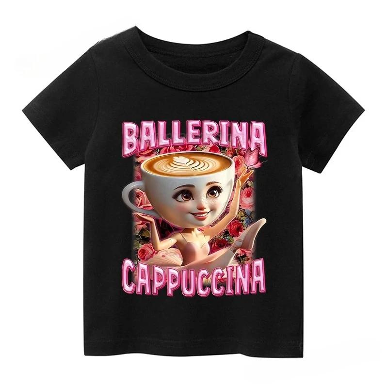 Summer Italian Brainrot Cotton Girls T-shirt Cute Ballerina Cappuccino Print Baby Tees Tops Casual Fashion Kid Children Clothes