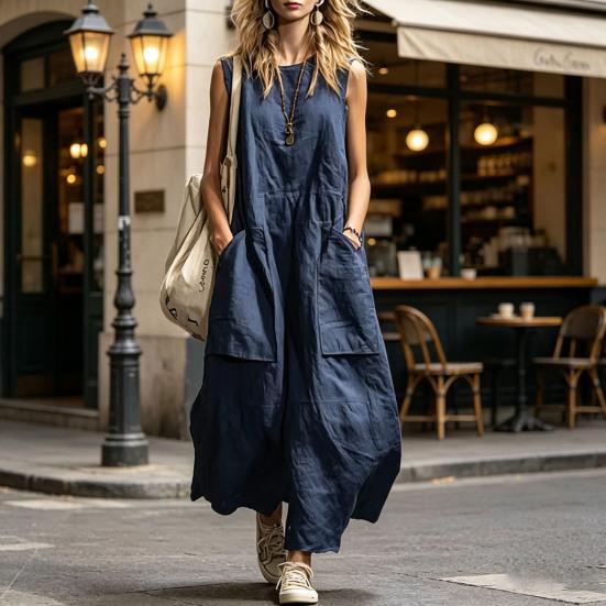 Abito da Donna Caldo a Vestibilità Larga Senza Maniche in Cotone e Lino Monocolore Stile Retro Estivo Tessuto Morbido e Confortevole per Feste in Spiaggia Abbigliamento da Ufficio