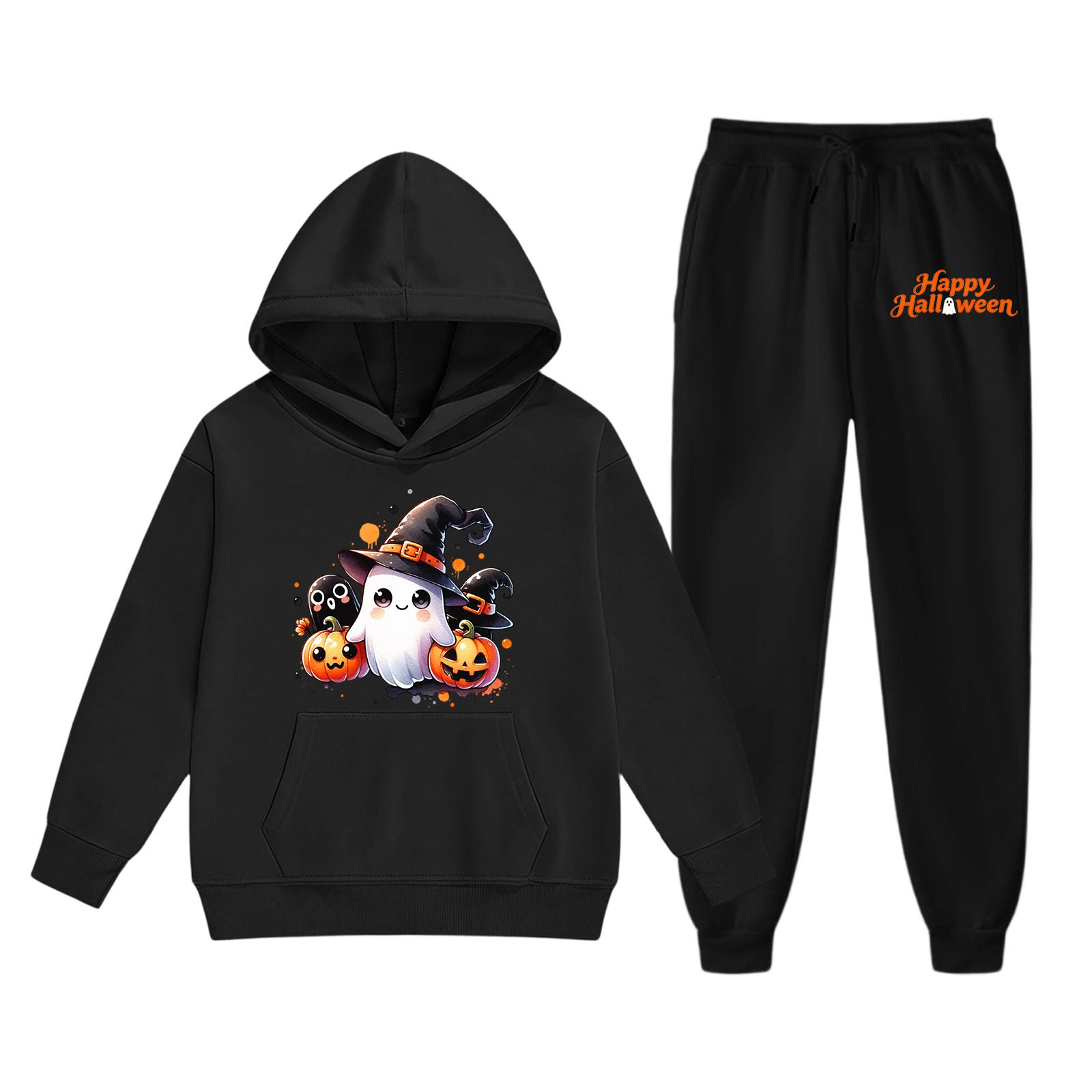 Kids Halloween Hoodie Set Ghost Pumpkin Print Pullover Sweatshirt with Hood and Matching Pants Lightweight Cozy Outfit for Boys Girls 160 чёрный