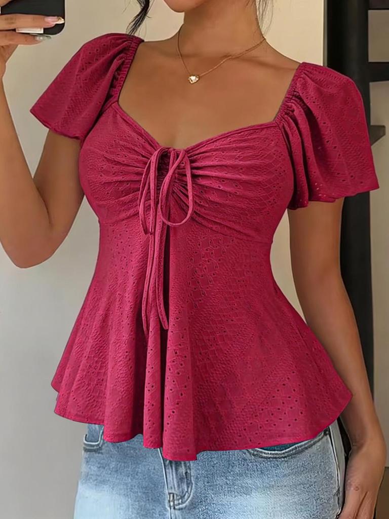 2026 Summer V-neck Drawstring Waist Sexy Short Sleeve Plain T-shirt for Women