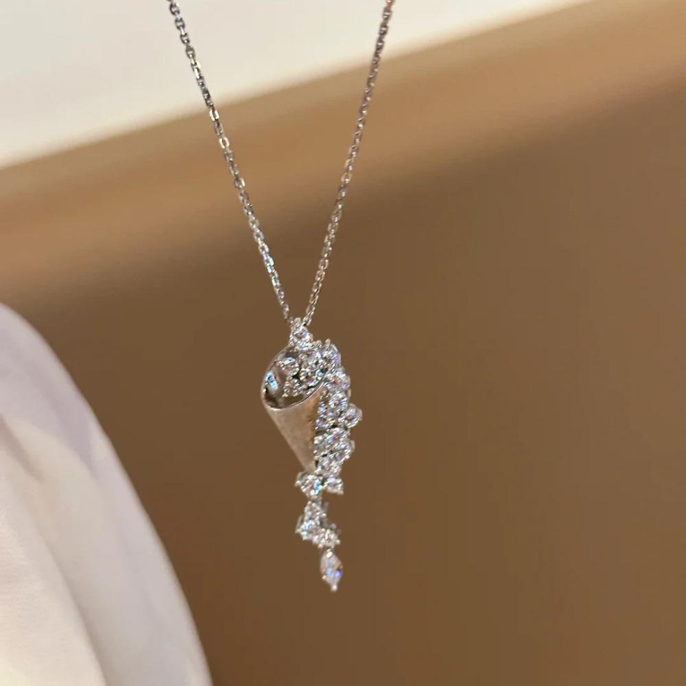

Shimmering Vintage Silver Necklace Sandglass Pendant with Zircon Accents and Delicate Fringe Stylish Collarbone Chain