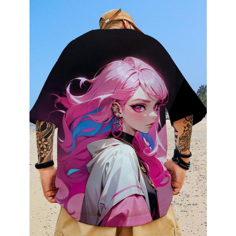 Nova camiseta casual masculina com estampa de beleza bidimensional impressa em 3D, manga curta, moda de rua, estampa de anime, top de gola redonda