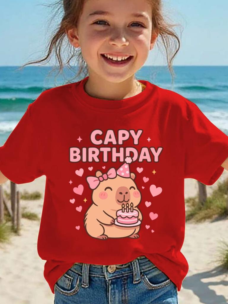 Girls T-Shirt Capybara Kids Clothing Summer Printed Cartoon Short Sleeve Tee Children Basic Loose Round Neck Tops Birthday Gifts