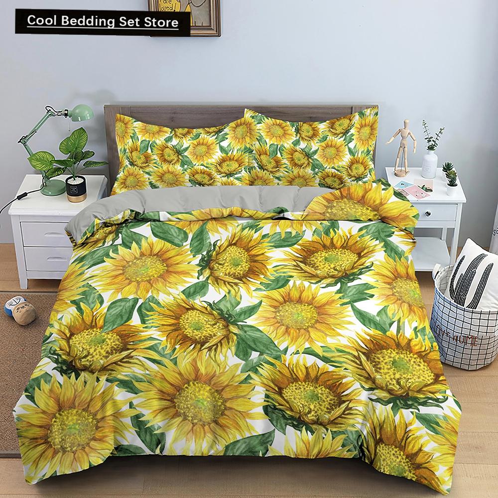 3D Sunflower King Queen Duvet Cover Yellow Flowers Bedding Set  Floral Green Leaves Comforter Cover 2/3pcs Polyester Quilt Cover