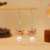 Retro Gold-Plated Pearl Earrings with Enamel Design and Ethnic Charm