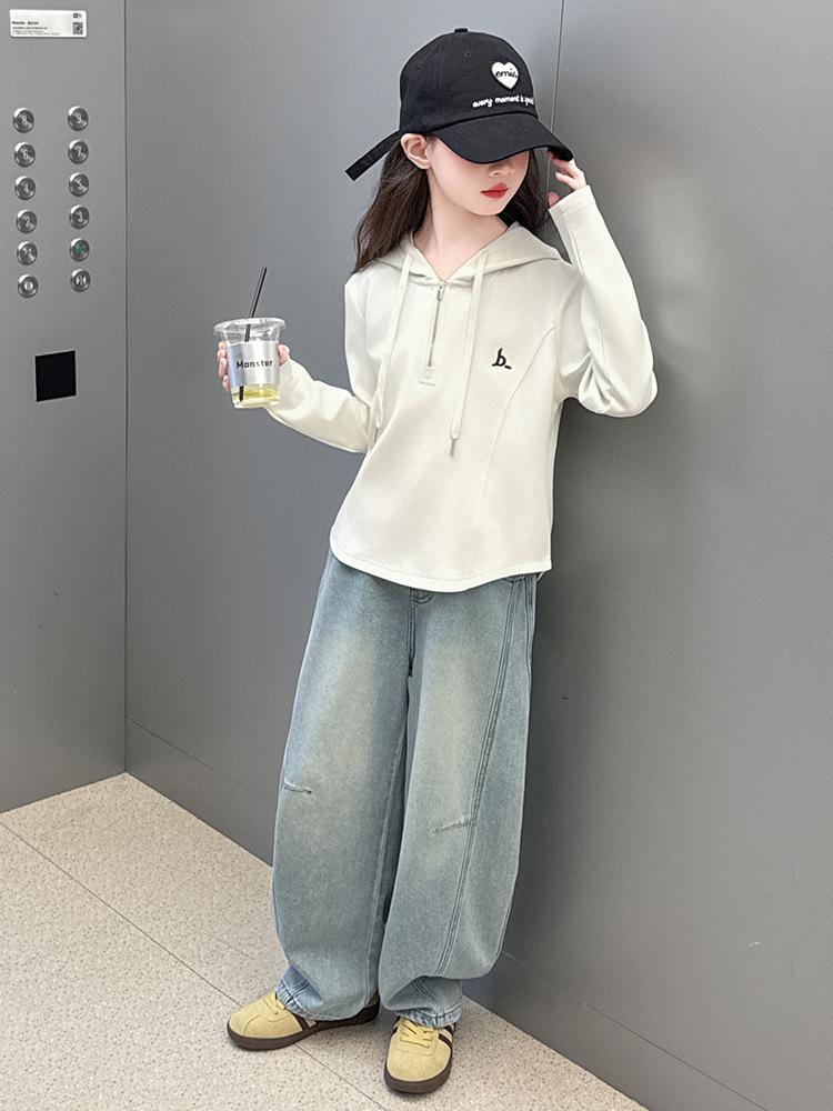 Girls' Spring & Fall Outfit Set: Zip Hoodie, Casual Base Layer, Jeans, Wide-Leg Pants