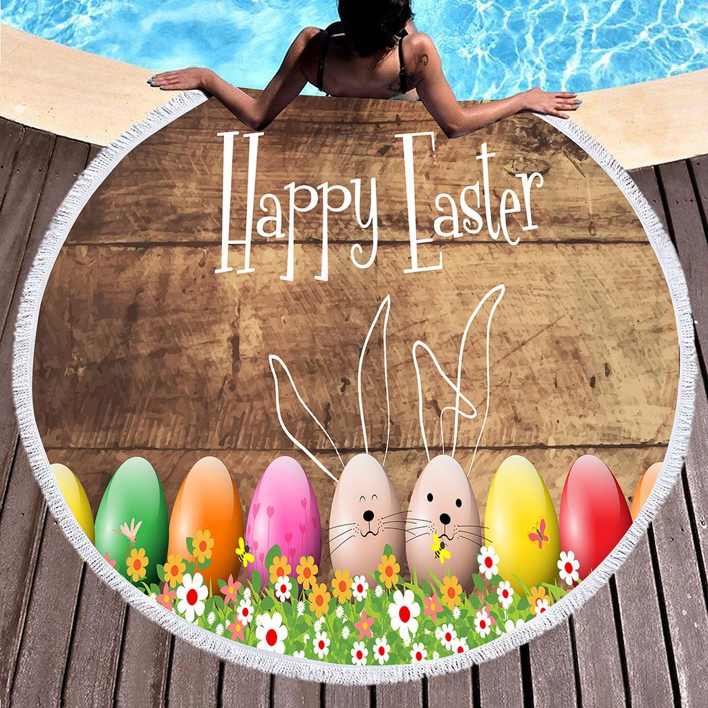 Easter Eggs Round Beach Towel with Tassels For Boys Girl Easter Gifts Microfiber Soft Sand Proof Absorbent Circle Swim Towel