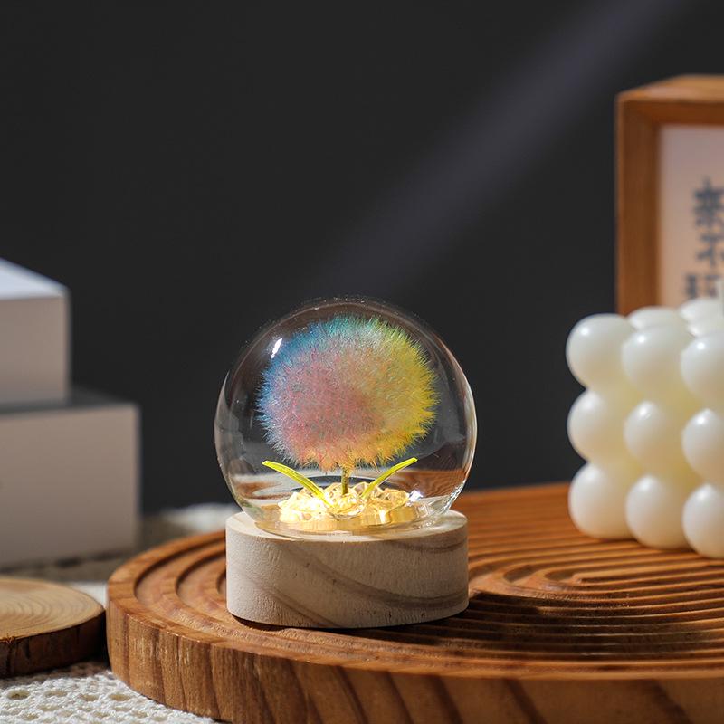 Luminous Dandelion Preserved Flower Bouquet Night Light in Glass Dome - Birthday Gift for Girls or Girlfriend