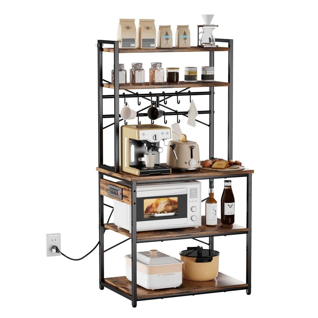 Kitchen Bakers Rack, 1.5m Power Cable Bakers Rack with Power Outlet, Kitchen Stand with X-Shaped Support Bar, 12 S-Shaped Hooks, Coffee Bar Stand for