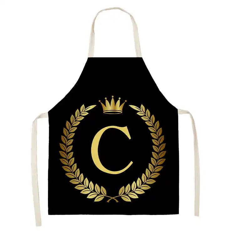 Grembiule da Cucina con Stampa Alfabeto Corona Dorata Nera per Donna Uomo Grembiuli in Cotone Lino per Cucinare Pulizia della Casa Strumenti Tablier